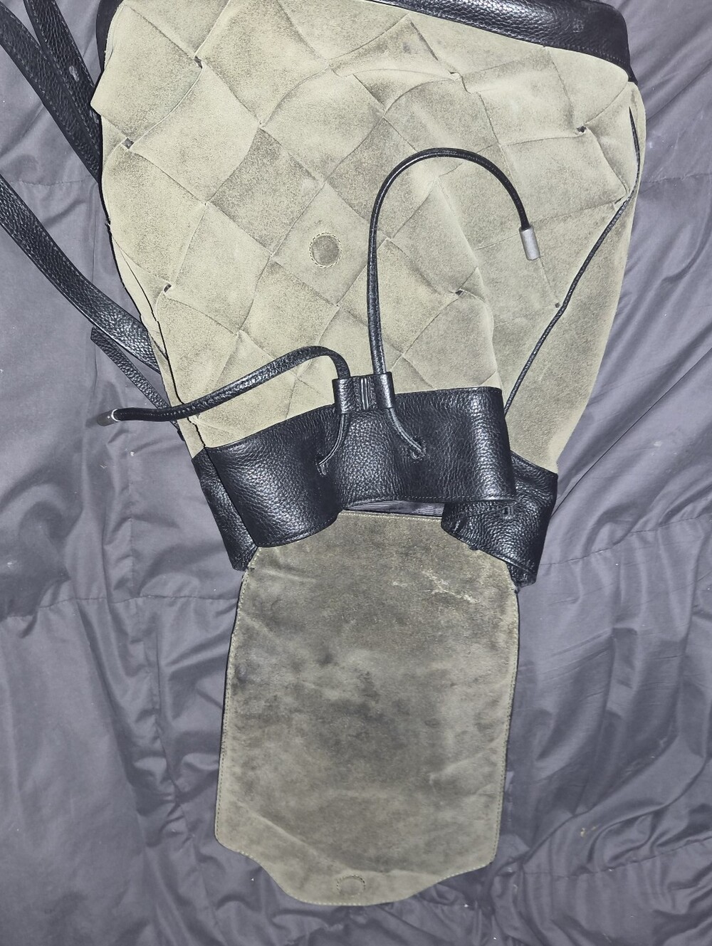 rag & bone Olive Suede and Black Leather Drawstring Backpack